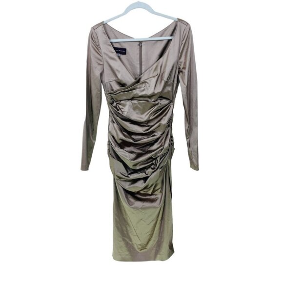 TALBOT‎ RUNHOF Designer Dress Sz 8/38 Satin Ruched Long Sleeve Cocktail Metallic - Picture 1 of 10